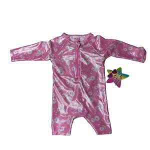 Real Love Baby Girls Shimmer Daisy Rashguard One Piece Pink Swimsuit 0-3 MO New